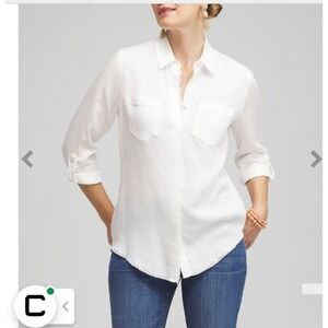 CHICO'S Twill Fringe Hem Button Up Shirt Classic White Size 0‎